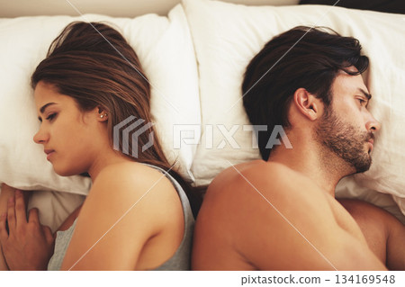 Couple, bed and fight of sad people in a home with marriage conflict and problem. Divorce, fighting and above with woman and man in a bedroom in house at morning with depression for relationship Couple, bed and fight of sad people in a home with marriage conflict and problem. Divorce, fighting and above with woman and man in a bedroom in house at morning with depression for relationship 134169548