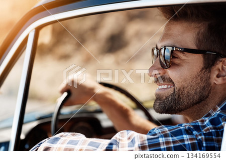 Road trip, happy and man travel in car driving for adventure, summer vacation and holiday. Transportation, relax and face of male person in motor vehicle for freedom, journey and happiness in window Road trip, happy and man travel in car driving for adventure, summer vacation and holiday. Transportation, relax and face of male person in motor vehicle for freedom, journey and happiness in window 134169554