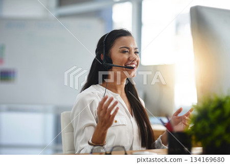 Laughing, agent or happy woman in call center consulting, speaking or talking at virtual assistant help desk. Smile, friendly or funny sales consultant in telemarketing customer services or telecom 134169680
