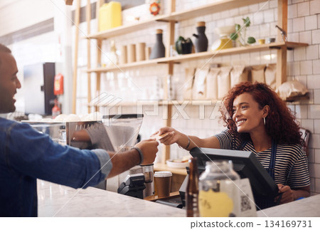 Credit card, coffee shop and happy woman with customer for payment, financial transaction and point of sales service. Finance, trade and bills at cashier in cafe, b2c shopping and restaurant store Credit card, coffee shop and happy woman with customer for payment, financial transaction and point of sales service. Finance, trade and bills at cashier in cafe, b2c shopping and restaurant store 134169731