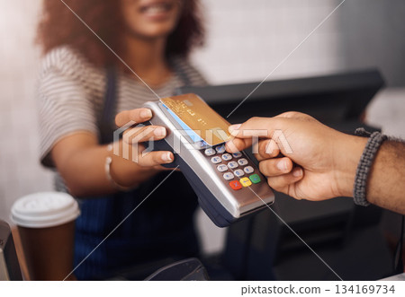 Credit card machine, cafe and hands of customer for b2c shopping, point of sale transaction and finance. Closeup, nfc and contactless payment in coffee shop at cashier, rfid technology and services 134169734