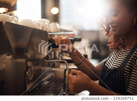 Coffee machine, woman and barista steam milk in cafeteria for latte, espresso and drink appliance for catering. Waitress heating jug for hot beverage, caffeine process and restaurant service industry Coffee machine, woman and barista steam milk in cafeteria for latte, espresso and drink appliance for catering. Waitress heating jug for hot beverage, caffeine process and restaurant service industry 134169752