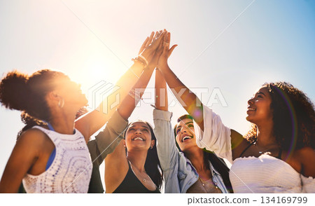 High five, hands and women outdoors for solidarity, trust and goal collaboration. People, commitment and friends with hand in support of success, celebration and partnership deal, unity and excited 134169799