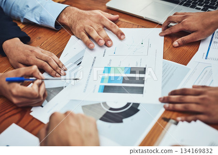 Business people, hands and meeting in analytics for data, chart or graphs of company statistics at the office. Hand of employee group in corporate analysis for document information or team paperwork Business people, hands and meeting in analytics for data, chart or graphs of company statistics at the office. Hand of employee group in corporate analysis for document information or team paperwork 134169832