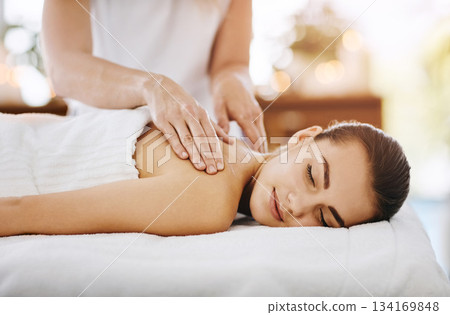 Therapy, beauty and massage with woman in spa for wellness, luxury and cosmetics treatment. Skincare, peace and zen with female customer and hands of therapist for relax, salon and detox Therapy, beauty and massage with woman in spa for wellness, luxury and cosmetics treatment. Skincare, peace and zen with female customer and hands of therapist for relax, salon and detox 134169848