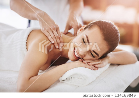 Relax, smile and massage with woman in spa for wellness, luxury and cosmetics treatment. Skincare, peace and zen with female customer and hands of therapist for physical therapy, salon and detox Relax, smile and massage with woman in spa for wellness, luxury and cosmetics treatment. Skincare, peace and zen with female customer and hands of therapist for physical therapy, salon and detox 134169849