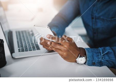 Closeup, business and man with a cellphone, hands and social media with connection, office and chatting. Male consultant, entrepreneur and employee with a smartphone, texting and communication 134169898