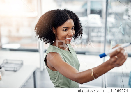 Business, glass wall and black woman writing, planning or strategy in office. Brainstorming, board and happy female person write, working on project and schedule, notes or information in workplace. Business, glass wall and black woman writing, planning or strategy in office. Brainstorming, board and happy female person write, working on project and schedule, notes or information in workplace. 134169974