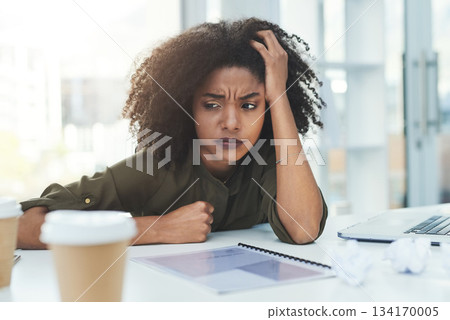Burnout, stress and tired business woman in office with workload, pressure and working on deadline. Corporate, anxiety and African female worker overwhelmed, lazy and low energy with fail at desk 134170005