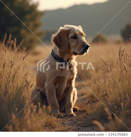 AI generated Gentle Labrador puppy explores vast open areas of countryside in tranquil 134170065