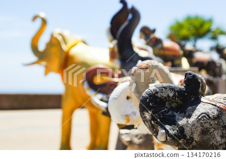 Cute elephant monuments lined up in the square at Promthep Cape Cute elephant monuments lined up in the square at Promthep Cape 134170216