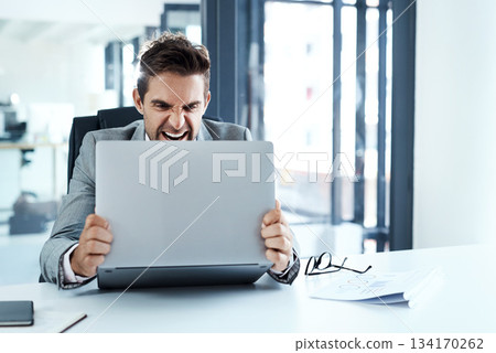 Angry, man and stress with laptop in office frustrated with glitch, mistake or crisis. Anxiety, annoyed and male business person upset with fail, 404 and bad review, deadline report or tech problem Angry, man and stress with laptop in office frustrated with glitch, mistake or crisis. Anxiety, annoyed and male business person upset with fail, 404 and bad review, deadline report or tech problem 134170262