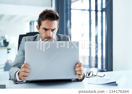 Stress, angry and man on laptop in office frustrated with glitch, mistake or crisis. Anxiety, annoyed and male business person upset with fail, 404 and bad review, deadline report or tech problem Stress, angry and man on laptop in office frustrated with glitch, mistake or crisis. Anxiety, annoyed and male business person upset with fail, 404 and bad review, deadline report or tech problem 134170264