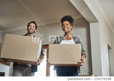 Happy couple, real estate and boxes in new home for relocation, renovation or investment together. Excited man and black woman apartment owner carrying box in house, moving in property or mortgage Happy couple, real estate and boxes in new home for relocation, renovation or investment together. Excited man and black woman apartment owner carrying box in house, moving in property or mortgage 134170296