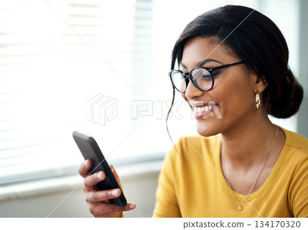 Phone, search and happy woman reading online, social media post or networking on internet for job opportunity. Creative, communication or startup person, glasses and mobile app, Web 3.0 and home chat 134170320