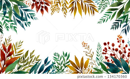 Watercolor autumn leaf and red berry frame: botanical decorative frame illustration 134170360