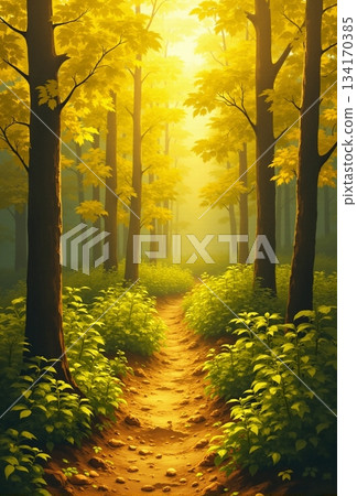 AI generated Golden sunlight filters through towering trees along narrow trail full 134170385