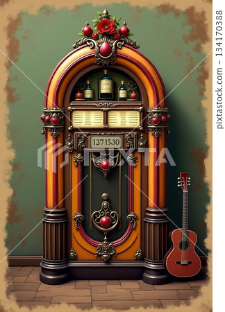 AI generated Antique music machine with acoustic guitar leaning against aged wall in warm 134170388