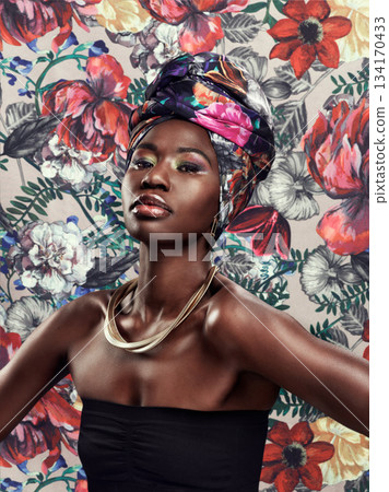 Black woman in portrait in turban, fashion on flower background and beauty, makeup and floral aesthetic. Natural cosmetics, female model in traditional African head wrap with creativity and style 134170433