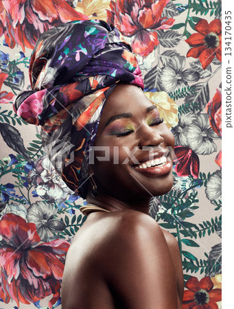 Head wrap, flowers and black woman with beauty, smile and confident girl against floral background. Turban, happy model and female person with skincare, trendy and joy with art, creative and pattern 134170435