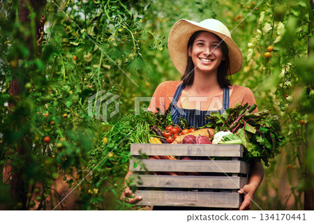 Farmer, agriculture and portrait of woman with box on farm after harvest of summer vegetables. Farming, female person and smile with crate of green product, food and agro in nature for sustainability Farmer, agriculture and portrait of woman with box on farm after harvest of summer vegetables. Farming, female person and smile with crate of green product, food and agro in nature for sustainability 134170441