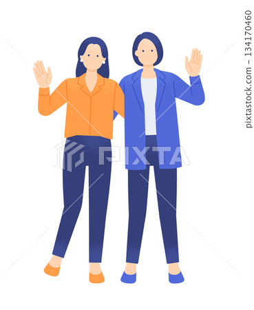 可用於求職、歡迎和招聘。兩位身著休閒職業裝的女士熱情地揮手致意。插圖素材。 可用於求職、歡迎和招聘。兩位身著休閒職業裝的女士熱情地揮手致意。插圖素材。 134170460