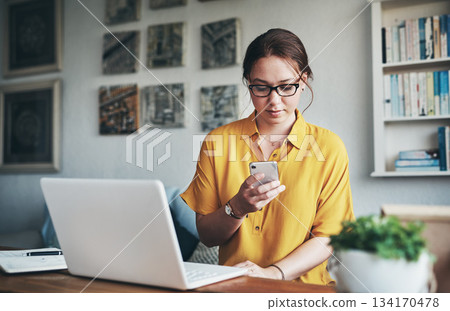 Phone, laptop and search with woman in home office for networking, social media and remote worker. Communication, contact and internet with female freelancer for technology, blog and email planning 134170478