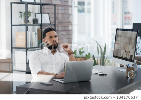 Thinking, business and man with a laptop, ideas or opportunity with planning, career or project. Male person, employee or entrepreneur with decision, wonder and professional with technology or goals Thinking, business and man with a laptop, ideas or opportunity with planning, career or project. Male person, employee or entrepreneur with decision, wonder and professional with technology or goals 134170637