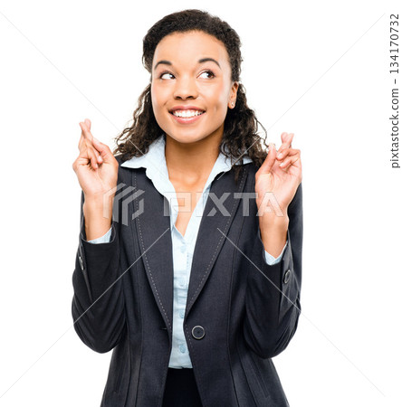 Business woman, excited or fingers crossed on isolated white background in promotion, good luck or news. Smile, happy or corporate and wish hands gesture, winning hope or finance success on mock up Business woman, excited or fingers crossed on isolated white background in promotion, good luck or news. Smile, happy or corporate and wish hands gesture, winning hope or finance success on mock up 134170732