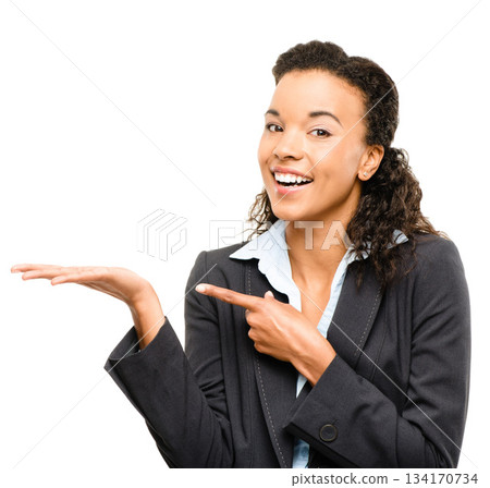Business woman, portrait or pointing hand for promotion mock up, advertising deal or marketing product placement. Smile, happy or corporate worker and palm finance mockup on isolated white background Business woman, portrait or pointing hand for promotion mock up, advertising deal or marketing product placement. Smile, happy or corporate worker and palm finance mockup on isolated white background 134170734