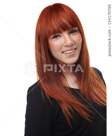 Young woman, portrait and red hair care with happiness and haircut in studio. White background, confidence and female person with happy face and cosmetics with hairstylist treatment alone with smile 134170788