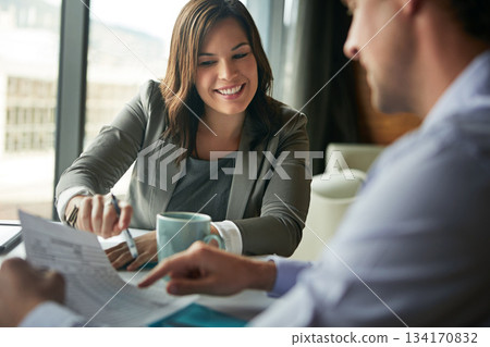 Documents, meeting and business people planning on spreadsheet, data analysis and statistics report for budget. Professional woman, accountant partner or clients for paperwork, profit or taxes advice 134170832