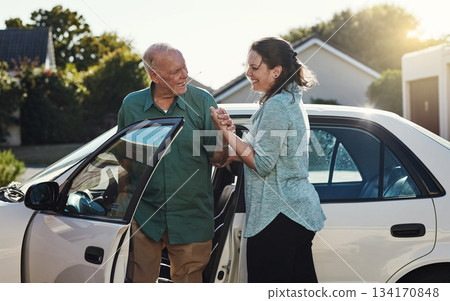 Car, help and caregiver with senior man for assisted living, retirement care and rehabilitation. Travel, transportation and happy woman helping elderly male person from motor vehicle for service Car, help and caregiver with senior man for assisted living, retirement care and rehabilitation. Travel, transportation and happy woman helping elderly male person from motor vehicle for service 134170848