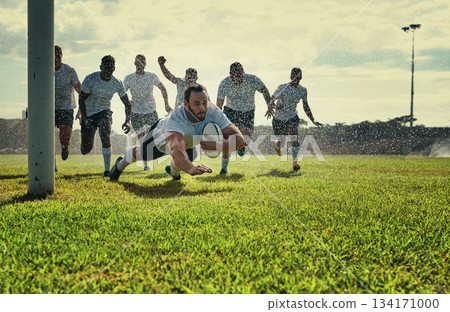 Sports, men rugby team on green field and playing with a ball. Teammates with fitness or activity outdoors, collaboration or teamwork and happy or excited people celebrate a player score a try Sports, men rugby team on green field and playing with a ball. Teammates with fitness or activity outdoors, collaboration or teamwork and happy or excited people celebrate a player score a try 134171000