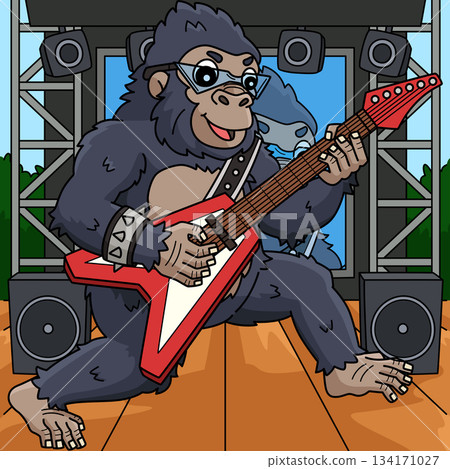 Gorilla Playing Guitar Colored Cartoon Gorilla Playing Guitar Colored Cartoon 134171027