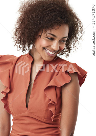 Thinking, fashion and portrait of African woman in studio with smile, confidence and happy on white background. Business, corporate and female worker with positive mindset, thoughtful and happiness 134171076