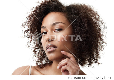 Skincare, face and portrait of African woman on white background with cosmetics, glowing skin and glamour. Natural makeup, beauty mockup and beautiful, attractive and confident female model in studio Skincare, face and portrait of African woman on white background with cosmetics, glowing skin and glamour. Natural makeup, beauty mockup and beautiful, attractive and confident female model in studio 134171083