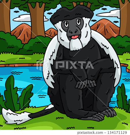 Black and White Colobus Monkey Colored Cartoon Black and White Colobus Monkey Colored Cartoon 134171129