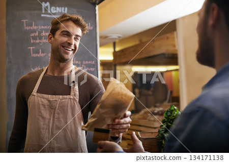 Man, cafe and customer paying for food or sandwich sale at supermarket or entrepreneur stall. Retail, male store owner or buyer at a restaurant for snack or business owner and shopping experience Man, cafe and customer paying for food or sandwich sale at supermarket or entrepreneur stall. Retail, male store owner or buyer at a restaurant for snack or business owner and shopping experience 134171138