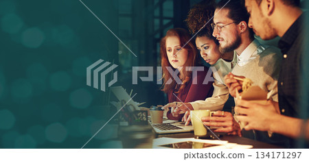 Business people, laptop and bokeh mockup at night with collaboration and teamwork. Company staff, technology work and web design project of professional brainstorming and planning with mock up banner 134171297