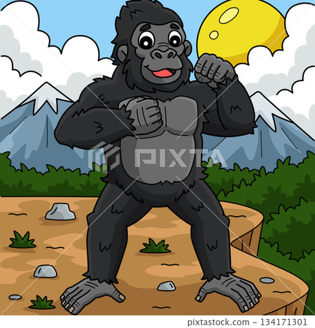 Gorilla Chest Beating Colored Cartoon Illustration Gorilla Chest Beating Colored Cartoon Illustration 134171301