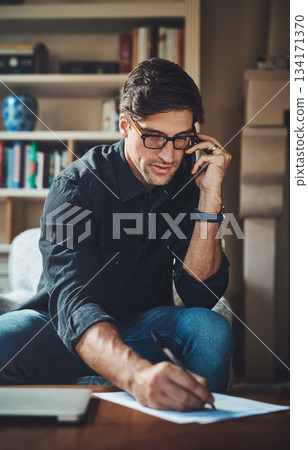 Home, phone call and man planning, business and conversation for new project, feedback and remote work. Male person, entrepreneur and consultant on a couch, smartphone and communication with ideas 134171370