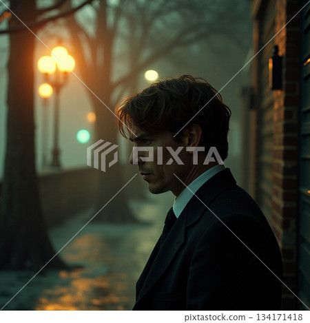 AI generated Unidentified man leaning on weathered brick wall in foggy evening scene 134171418
