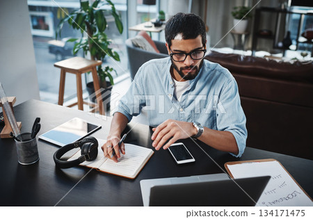 Laptop, remote work and man doing research while working on a creative freelance project at his home. Technology, reading and male freelancer planning a business strategy on computer in living room. Laptop, remote work and man doing research while working on a creative freelance project at his home. Technology, reading and male freelancer planning a business strategy on computer in living room. 134171475