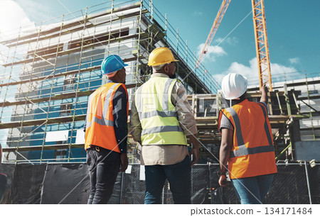 Construction, engineer team and building project with people planning development and architecture. Black woman and men together for project management, engineering and assessment outdoor in city 134171484