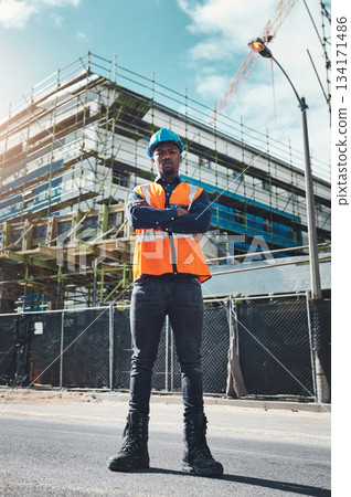 Construction, engineer man and portrait at building project for development and architecture. Black male contractor serious about project management, engineering and inspection outdoor in city 134171486