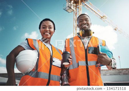 Engineer team, portrait and smile of black people at construction site with coffee low angle. Teamwork, architect and happy African man and woman with tea, collaboration and building with mockup. Engineer team, portrait and smile of black people at construction site with coffee low angle. Teamwork, architect and happy African man and woman with tea, collaboration and building with mockup. 134171518
