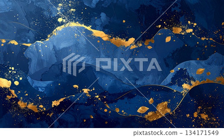 奢華夜空風格的日式背景，金箔在靛藍色日本紙上閃耀。 134171549