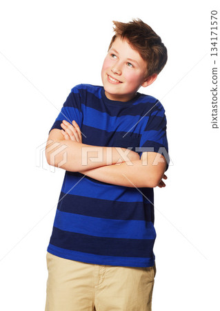 Thinking, happy and a child with arms crossed and looking up isolated on a white background in a studio. Smile, contemplation and a young boy with happiness, confidence and pride in fashion clothes Thinking, happy and a child with arms crossed and looking up isolated on a white background in a studio. Smile, contemplation and a young boy with happiness, confidence and pride in fashion clothes 134171570