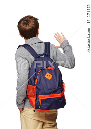 Back, school and a boy with a wave for greeting isolated on a white background in a studio. Education, youth and a student waving for hello or goodbye with a backpack for learning on a backdrop Back, school and a boy with a wave for greeting isolated on a white background in a studio. Education, youth and a student waving for hello or goodbye with a backpack for learning on a backdrop 134171573